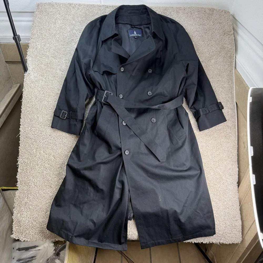 London Fog Coat Mens 42 Black Trench Belted Lined Water Resistant Classic